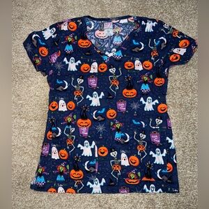 Halloween Glitter Ghost Navy Blue Fitted Women’s Scrub Top Peaches Uniforms XS